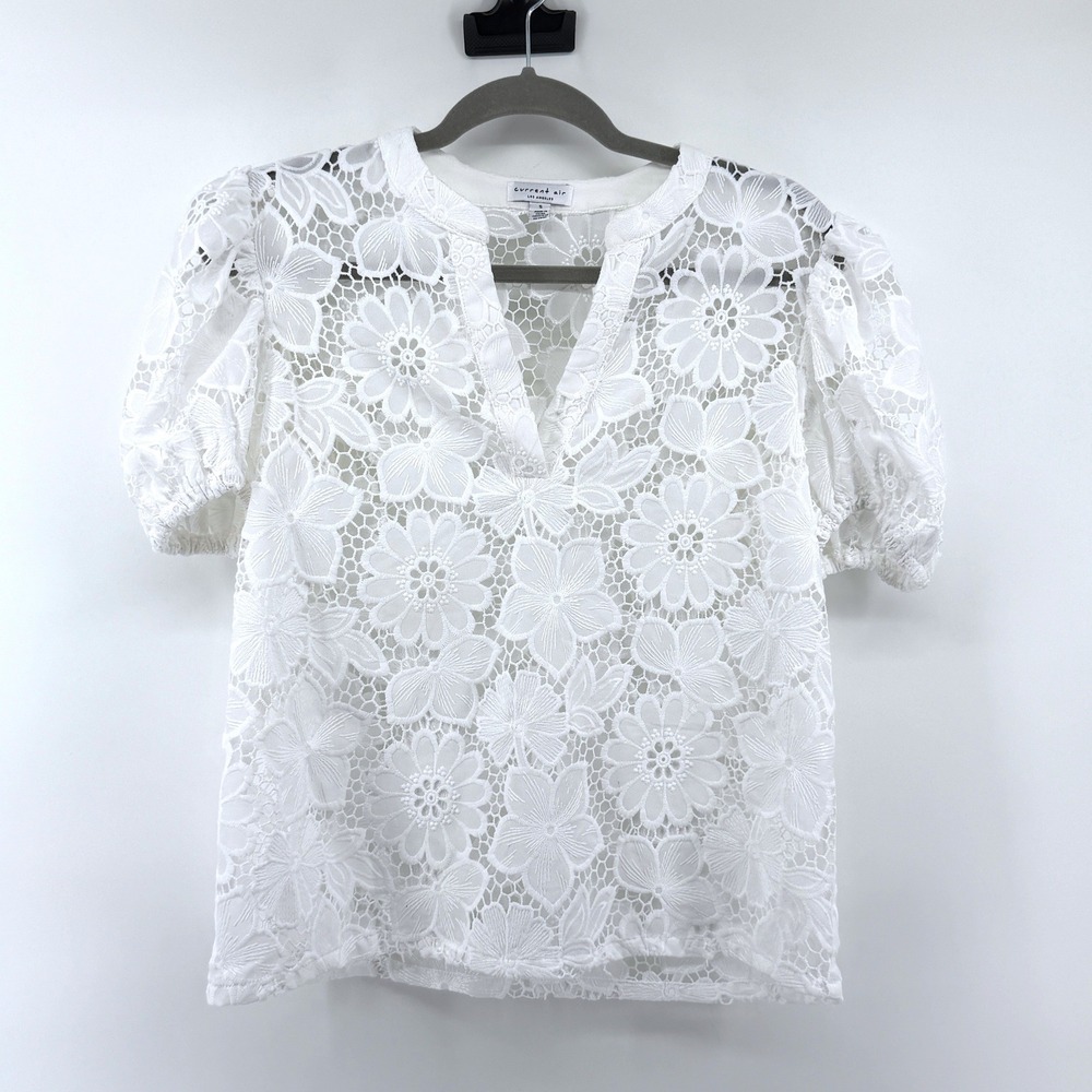 Current Air Blouse Floral Eyelet Lace S White Womens Boho Puff Sleeve Top